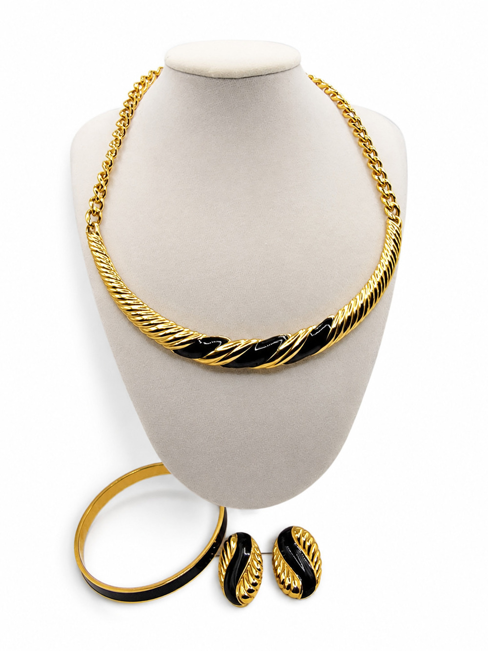 Vintage Monet Black Enamel Gold-Tone Necklace Earrings Bracelet Set